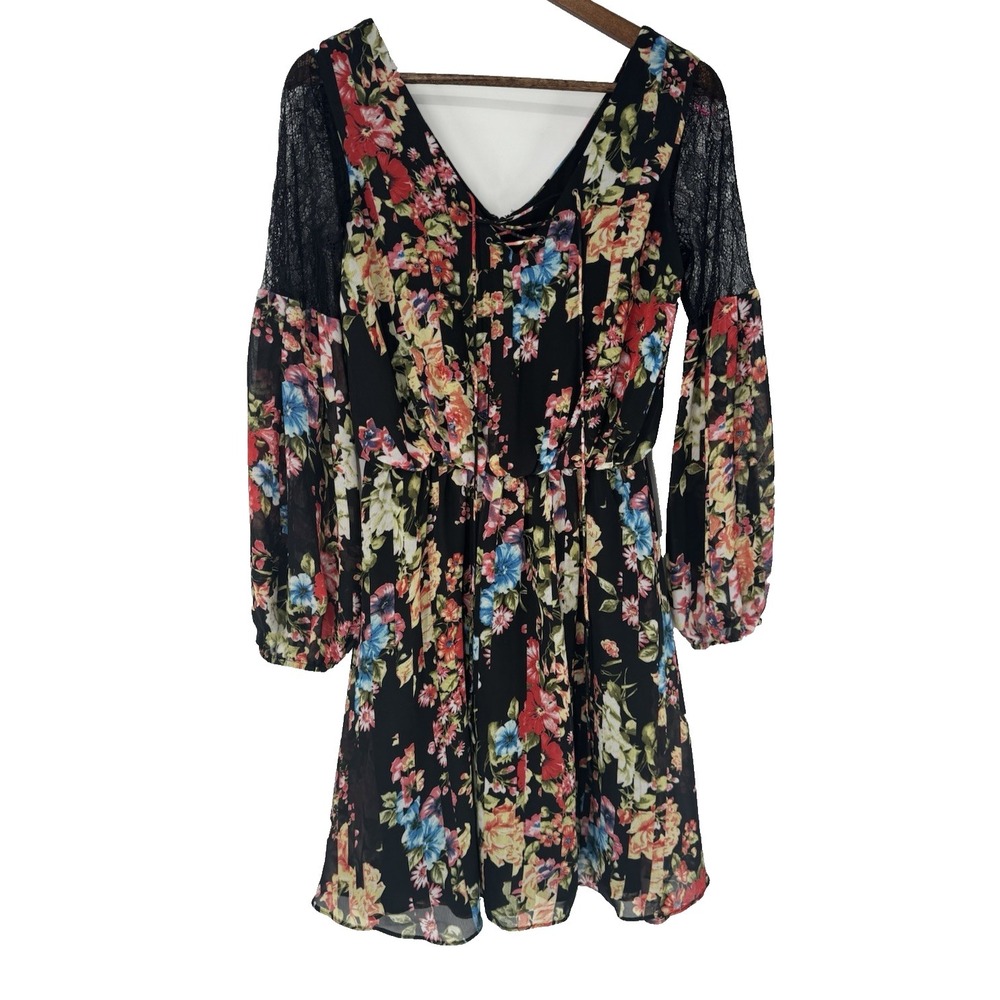 Betsey Johnson Dress Black Floral Long Sleeve Lace 6 fairy grunge festival indie